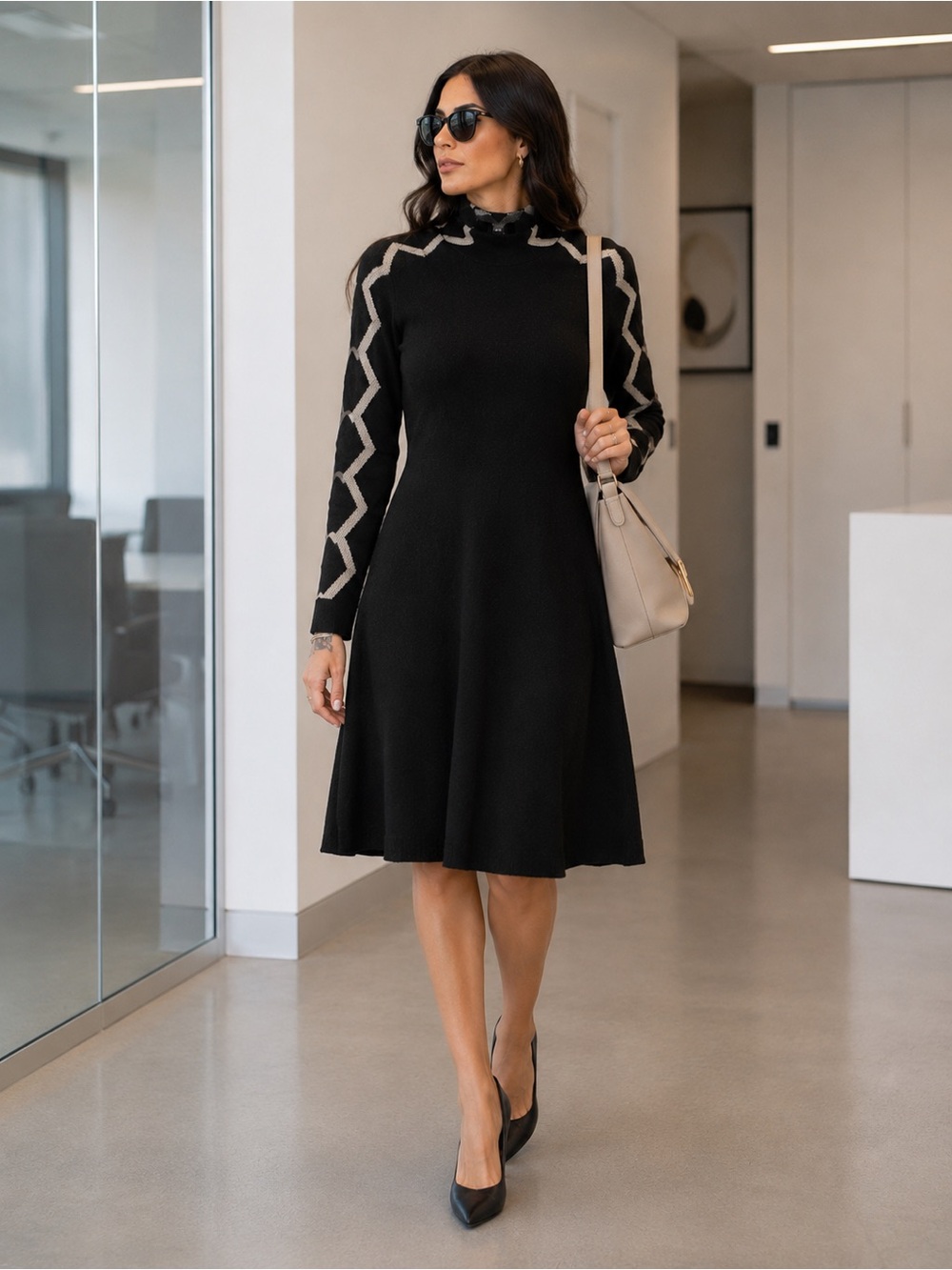 Emporio Armani Black Long-Sleeve A-Line Dress with Zigzag Trim